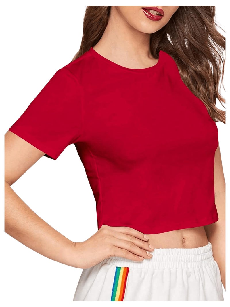 SweatyRocks Women's Casual Short Sleeve Crew Neck Basic Crop Top T Shirts Red L - Image 4